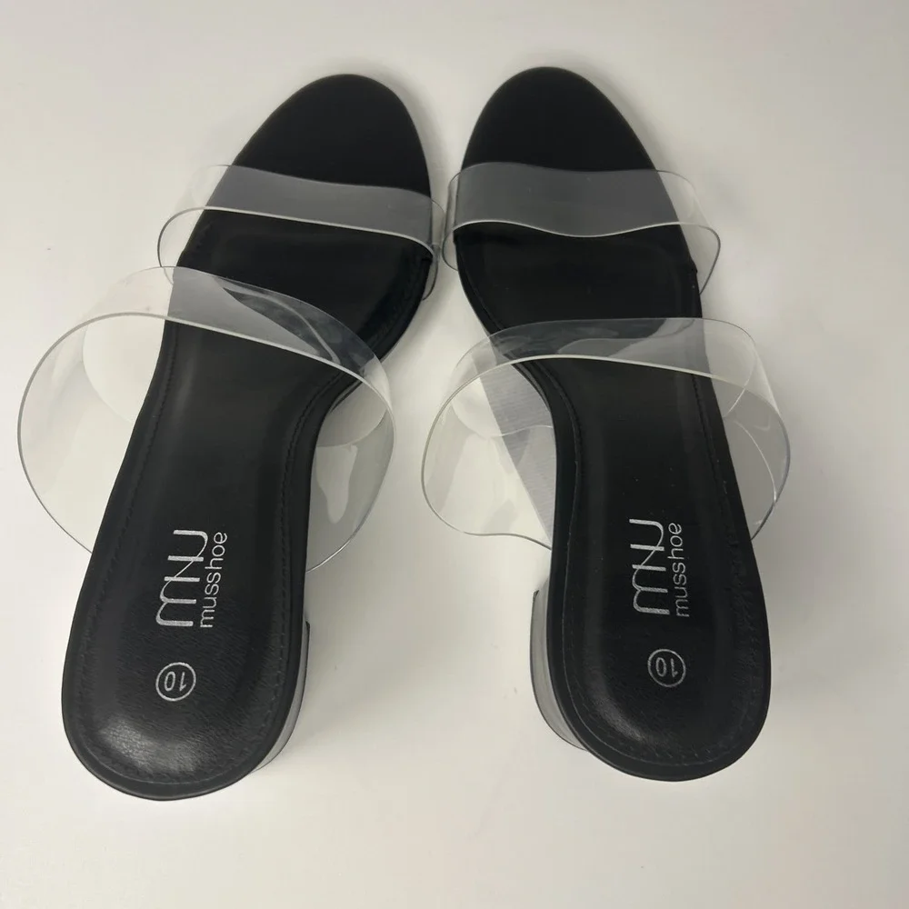 MUSSHOE Clear Two Strap Block Heel Sandals Black Women's Size 10 NWB